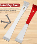 Two Piece Flat Pry Bar Set Stainless Steel Crowbars With Nail Puller And Scraper Edges in silver and red on wood surface