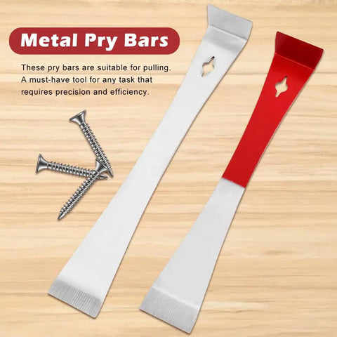 Two Piece Flat Pry Bar Set Stainless Steel Crowbars With Nail Puller And Scraper Edges in silver and red on wood surface