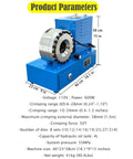Heavy Duty Electric Hydraulic Hose Crimping Machine With Eight Precision Dies One Touch Controls And Live Gauge Readouts, showing product parameters and size.