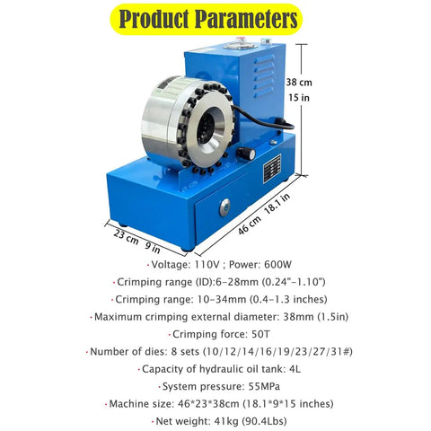 Heavy Duty Electric Hydraulic Hose Crimping Machine With Eight Precision Dies One Touch Controls And Live Gauge Readouts, showing product parameters and size.