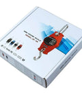 Box packaging of Orange Beefy Industrial Digital Scale 300 Kg 600 Lb SF-918 Heavy Duty Crane Scale showing red scale and hook.