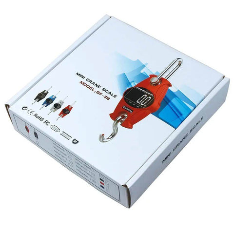 Box packaging of Orange Beefy Industrial Digital Scale 300 Kg 600 Lb SF-918 Heavy Duty Crane Scale showing red scale and hook.