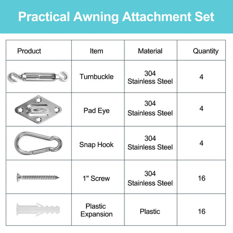 Heavy Duty Stainless Steel Shade Sail Hardware Kit For Awning Setup And Garden Sails With Adjustable Turnbuckles DIY chart