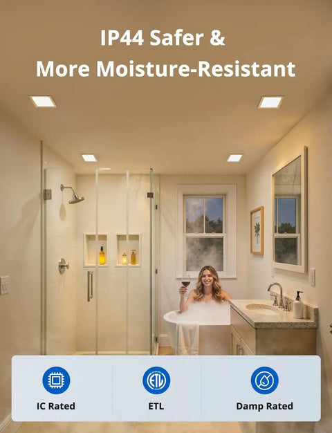 Bathroom with 6 Pack 8 Inch Square LED Recessed Ceiling Light Dope 5CCT 2700K To 5000K Dimmable 18W 1440LM Ultra Thin
