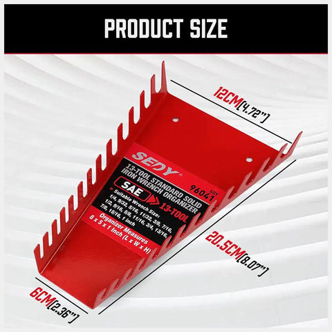 Red metal tray from 26 Pack Metal Wrench Organizer Set, Wall Mounted Storage Trays Rack For Tool Box Drawer Chest.