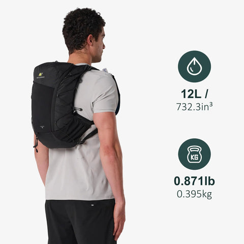 Man wearing Lightweight Hydration Backpack For Runners With 12L Capacity, Breathable Mesh Back Panel, Two 500ml Soft Flasks