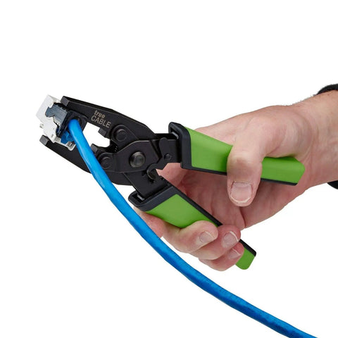 Hand using Parallel Crimping Pliers For Keystone Jacks And Field Termination Plugs No Fuss Toolless Closure Tool