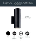 Textured Black 12 Inch Outdoor Wall Sconce Cylinder Exterior LED Light 1 Light Front Porch Fixture Modern Architectural Outdoor Lighting For Home Exterior, shown with up and down light feature and wet rated icon.