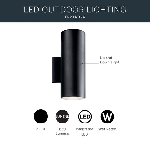 Textured Black 12 Inch Outdoor Wall Sconce Cylinder Exterior LED Light 1 Light Front Porch Fixture Modern Architectural Outdoor Lighting For Home Exterior, shown with up and down light feature and wet rated icon.