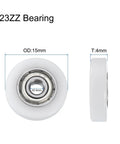 8 Pack Heavy Duty Nylon Ball Bearings 3X15X4mm Mini Roller Idler Guide Pulley With ABEC 1 Precision Rating showing OD 15mm and ID 3mm.