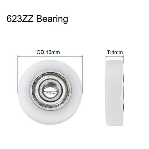 8 Pack Heavy Duty Nylon Ball Bearings 3X15X4mm Mini Roller Idler Guide Pulley With ABEC 1 Precision Rating showing OD 15mm and ID 3mm.