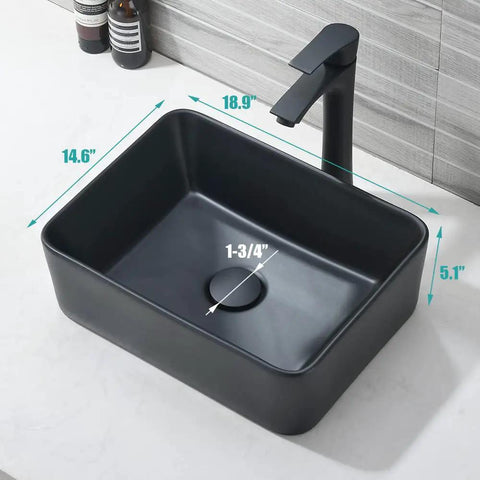 Matte Black Vessel Sink And Faucet Combo For Bathroom Above Counter Rectangular Ceramic Sink With Matte Black Faucet Pop Up Drain