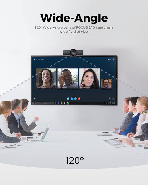 Top Shelf 4K AI Conference Webcam With Smart Auto Framing For Small Meeting Rooms And Zoom Certified Virtual Teams delivering wide-angle view for group calls.