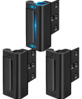 Heavy Front Door Lock For Kids Safety And Home Security Reinforcement With Four Long Screws Built To Handle Eight Hundred Pounds showing three angles of the black steel lock.