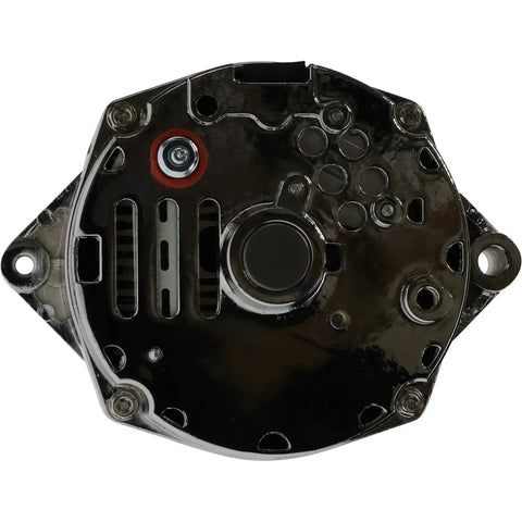 Back view of Beefy 100 Amp Chrome Alternator For GM Chevy 10Si 12V Self Exciting With 1 Or 3 Wire Delco Style replacement.