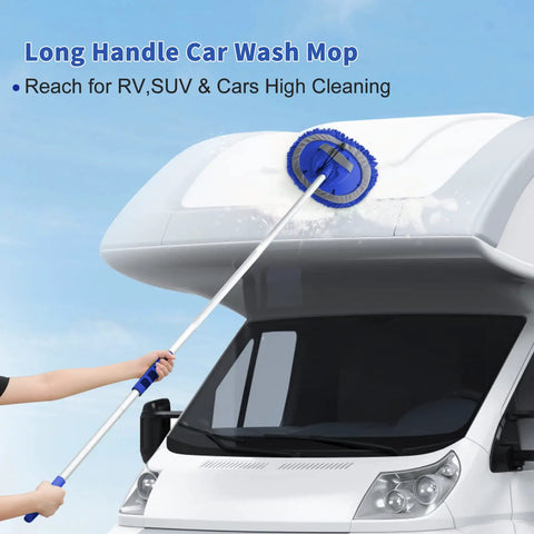62 Inch Car Wash Brush Kit With Long Reach Handle used on RV roof, showing chenille microfiber mop mitt cleaning action