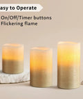 LED Flameless Candles Set With Remote Control And Timer 3 Pack Battery Operated With 2 4 6 And 8 Hour Timers, lit and flickering.