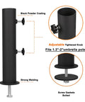 Detailed view of Ultra Sturdy Heavy Duty Granite Umbrella Stand adjustable black post clamp for 1.3-2 inch poles with screws.