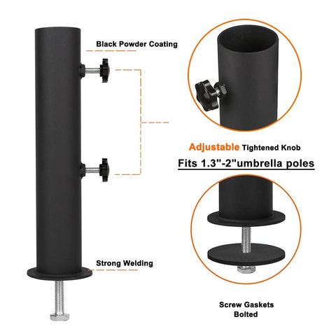 Detailed view of Ultra Sturdy Heavy Duty Granite Umbrella Stand adjustable black post clamp for 1.3-2 inch poles with screws.