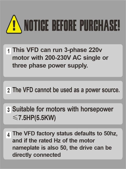 VFD safety placard; gray notice sign with yellow warning icon and four motor rules.