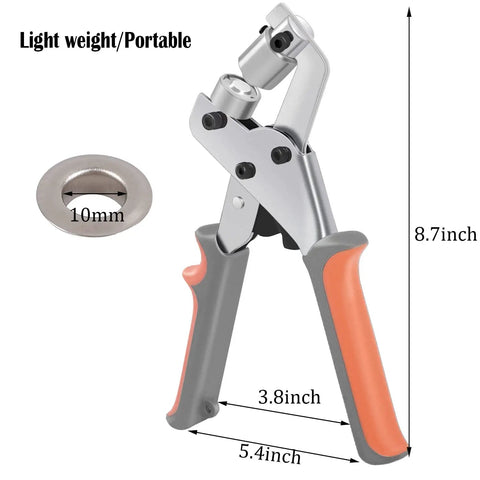 Grommet Tool Kit With Handheld Hole Punch Pliers, Portable Grommet Press Machine, Manual Puncher, 10mm silver grommet, dimensions