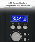 Close-up of LCD display on Pro Grade Hot Air Rework Station With LCD Display And Three Channel CH1 CH2 CH3 showing temperature and settings.
