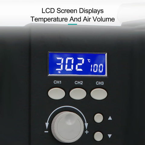 Close-up of LCD display on Pro Grade Hot Air Rework Station With LCD Display And Three Channel CH1 CH2 CH3 showing temperature and settings.