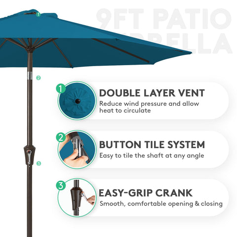 9 Foot Outdoor Patio Umbrella With Push Button Tilt And Crank Market Style Canopy 8 Sturdy Ribs UV Protection And Waterproof Fabric