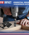 Person using 10 Piece 3/8 Inch Drive Impact Socket Adapter Set With 1/4 Inch Hex Shank For Drill To High Torque Wrench on wood.