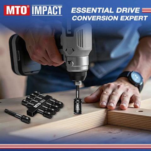 Person using 10 Piece 3/8 Inch Drive Impact Socket Adapter Set With 1/4 Inch Hex Shank For Drill To High Torque Wrench on wood.