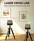 Dead On 4 In 1 Stud Finder Wall Scanner With Laser Range Finder For Locating Wood Studs Metal Conduits Live Ac Wiring And Drywall Detection Rock Solid Up To 40 Meters on tripod projecting laser lines in a home setting.