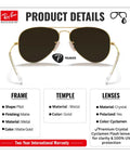 RB3025 Pilot Shape Polarized Sunglasses For Men And Women With Cyclamen Flash Lens Dope Everyday Eyewear For Formal And Casual Looks Includes Official Eyewear Kit, showcasing product details in labeled sections with matte gold frame.