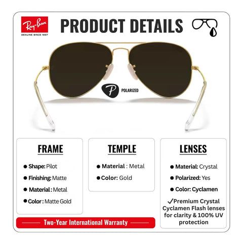 RB3025 Pilot Shape Polarized Sunglasses For Men And Women With Cyclamen Flash Lens Dope Everyday Eyewear For Formal And Casual Looks Includes Official Eyewear Kit, showcasing product details in labeled sections with matte gold frame.