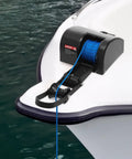 35lb Boat Electric Anchor Winch 12V Saltwater Windlass System With Remote Control 100ft Anchor Rope Heavy Duty Towing Winch For 24ft Boats Built Tough Rust Proof Construction ABS And Stainless Steel mounted on boat bow with blue rope