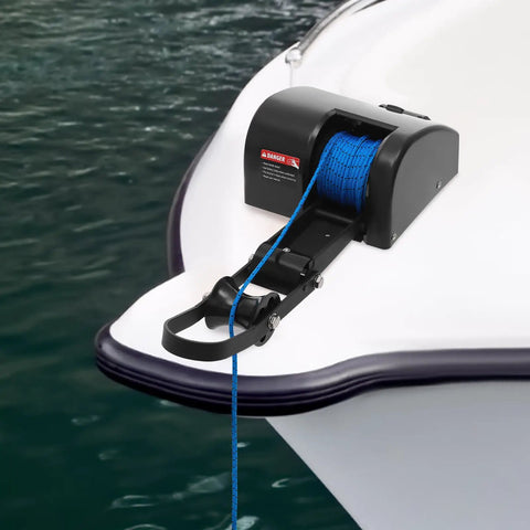 35lb Boat Electric Anchor Winch 12V Saltwater Windlass System With Remote Control 100ft Anchor Rope Heavy Duty Towing Winch For 24ft Boats Built Tough Rust Proof Construction ABS And Stainless Steel mounted on boat bow with blue rope
