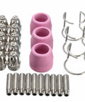 Heavy Duty Plasma Kit Torch Cutter Consumables Nozzles Cutting Tips with metal tips, pink ceramic parts, and clamps for welding.