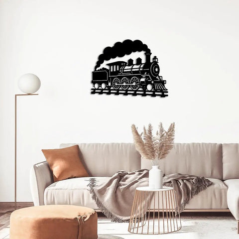 Dope Steam Locomotive Metal Wall Art For Living Room And Office Black 16 Inch Outdoor Decor Sign on white wall above sofa