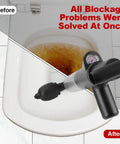 Heavy Duty High Pressure Toilet Plunger With Barometer And Extra Long Handle used to clear dark water in toilet bowl.