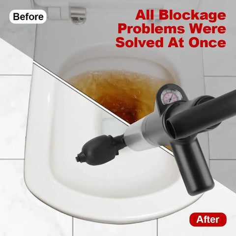 Heavy Duty High Pressure Toilet Plunger With Barometer And Extra Long Handle used to clear dark water in toilet bowl.