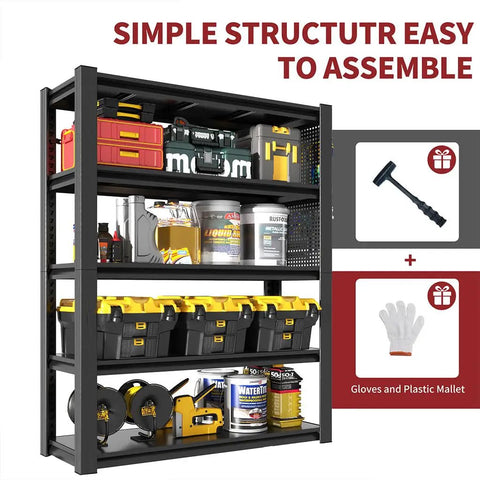 Rock Solid Heavy Duty Garage Shelving Built Like A Tank For Two Thousand Pound Loads Thickened Steel Storage Rack With Two Pegboards Adjustable Five Tier Utility Shelf For Serious Workshop Organization Black showcasing tools and storage bins.