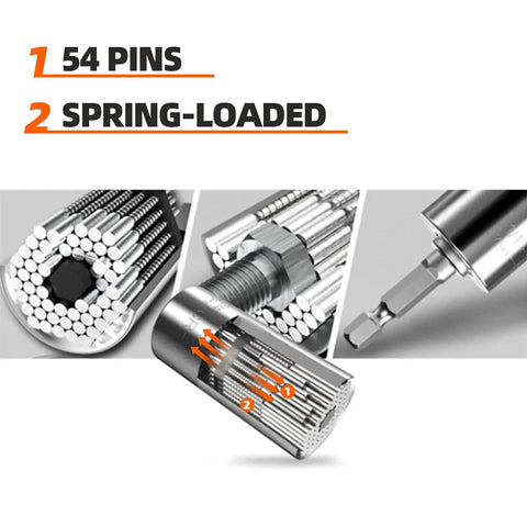 Close-up of 54 steel pins and spring-loaded mechanism in Dope Universal Socket Set With Drill Adapter For Men Dads Gift