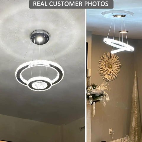 2 Ring Crystal LED Chandelier Pendant Light In Chrome, mounted on ceiling with adjustable rings in living room