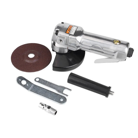 Badass Pneumatic Angle Grinder Coupled With A Four Inch Sanding Pad Delivers Eleven Thousand Rpm, includes accessories for metal polish tasks.