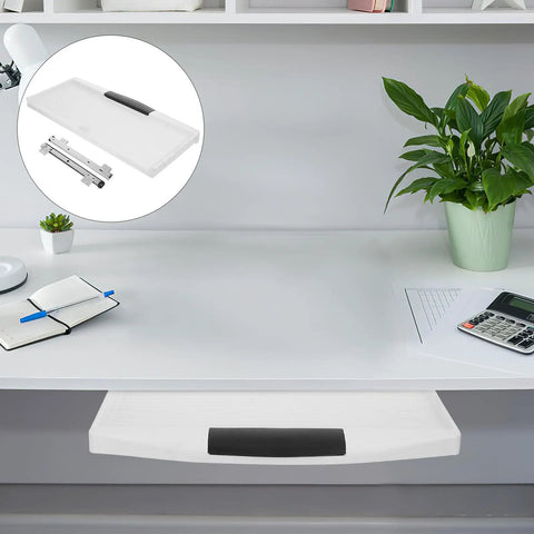 Heavy Duty Sliding Keyboard Tray With Built In Pen Slot And Slick Silver Glide Rails For No Sweat Under Desk Organization and your best ever office setup upgrade on a desk.