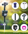 Rock Solid Motion Activated Yard Sprinkler With Adjustable 360 Spray Head, metal spike, motion sensor, and hose connector.