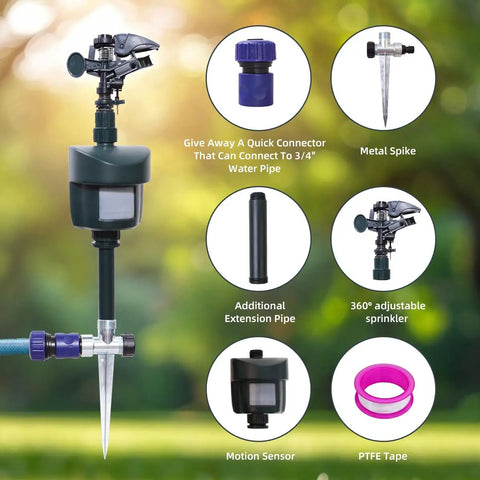 Rock Solid Motion Activated Yard Sprinkler With Adjustable 360 Spray Head, metal spike, motion sensor, and hose connector.