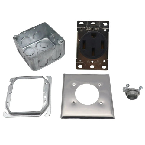 Built Like A Tank 50 Amp Power Outlet Receptacle Nema 14 50R components including galvanized housing and metal faceplate.