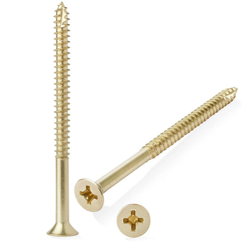Built To Last Heavy Duty Black Wood Screws Size Nine By Three Inch For Door Hinges 25 Pack Alloy Steel Construction For Interior Exterior Use That Match Common Hinge Finishes Great For Solid Core Wood And Metal Doors, close-up of brass screws