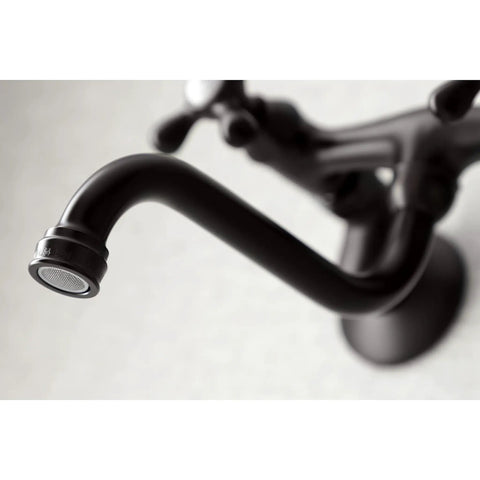 Close-up of spout on Two Handle Wall Mount Bathroom Faucet In Polished Nickel With Drip Free Ceramic Disc Cartridge, Focus on aerator