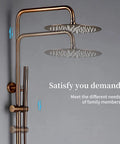 Top Tier Thermostatic Shower System With Brushed Rose Gold Rainfall And Handheld Spray Auto Temp Balance. Wall-mounted with sleek design.